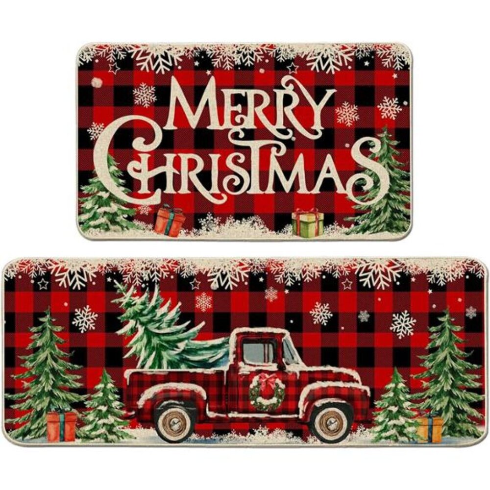 Set of 2 Christmas Kitchen Mats, Red Truck Buffalo Plaid, Farmhouse Decor